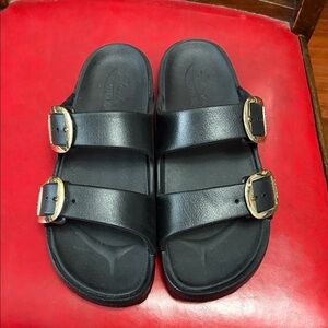 Skechers Black Sandals with Gold Buckles